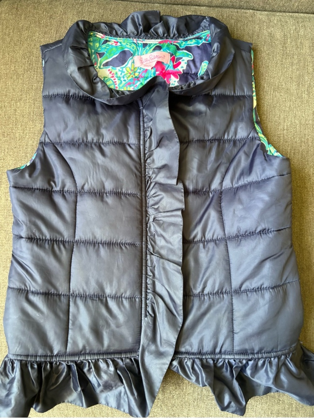 Lilly Pulitzer Navy Quilted Ruffle-Hem Vest